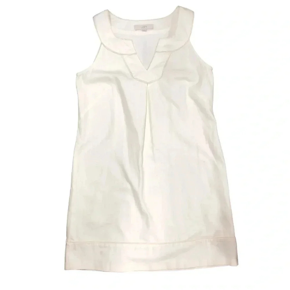 Ann Taylor Loft Womens Cream/Ivory Sleeveless‎ Shift Dress Gold Trim Size 8 EUC
